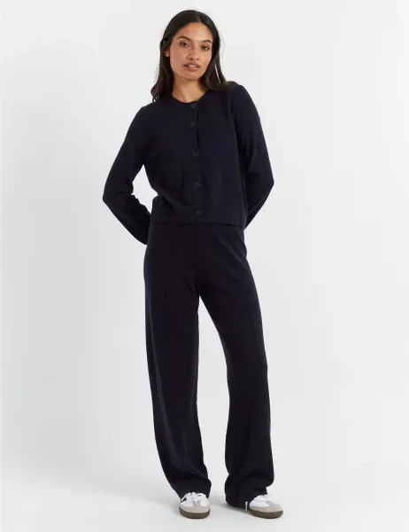 Wool Rich Crew Neck Cardigan with Cashmere Black