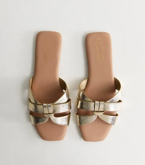 Women's Gold Faux Leather Interwoven Flat Mules Vegan