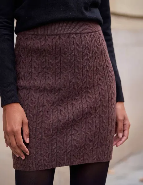 Roman Cable Knit Elasticated Waist Skirt Chocolate