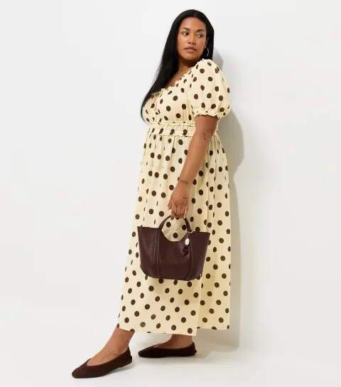 Women's Plus Size Yellow Cotton Polka Dot Milkmaid Midi Dress Curves