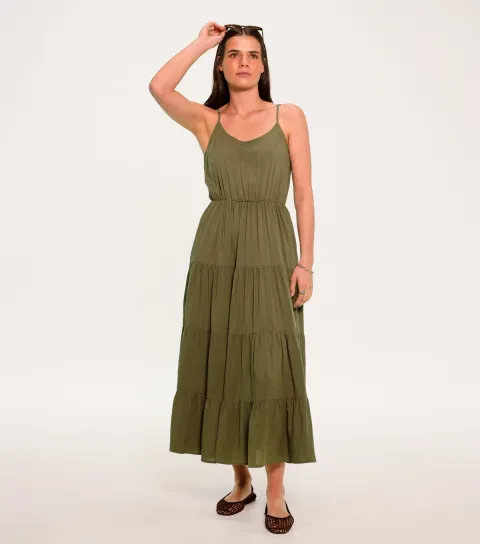 Sunshine Soul Women's Dark Khaki Tiered Cami Midi Dress
