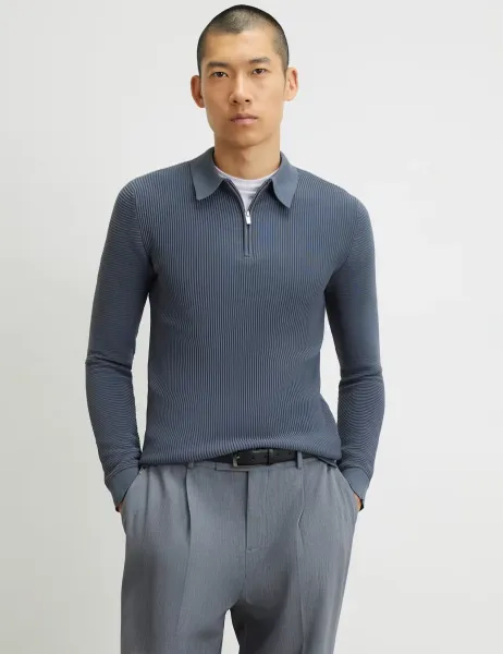 River Island Ribbed Half Zip Knitted Polo Shirt Grey
