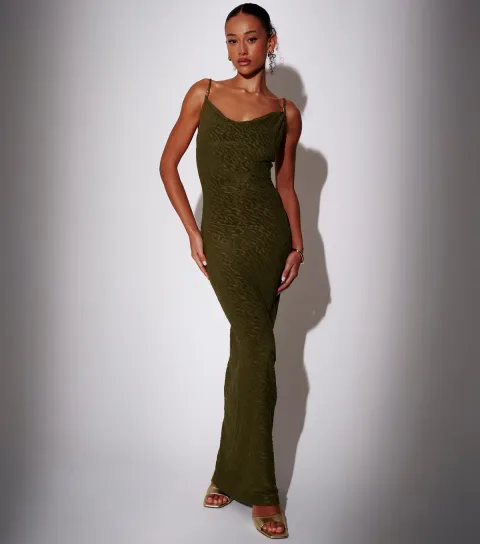 Women's Khaki Textured Cowl Neck Maxi Dress