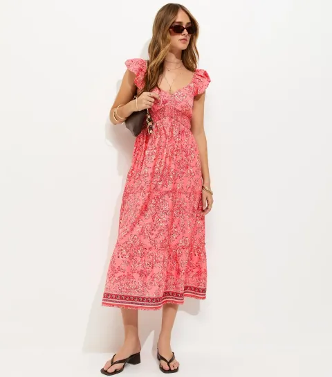 Women's Pink Floral Print Crepe Frilly Sleeve Midi Dress