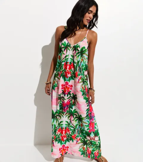 Women's Green Floral Strappy Beach Maxi Dress