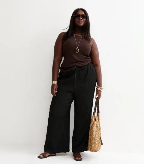 New Look Women's Plus Size Black Crinkled Jersey Wide Leg Trousers Curves