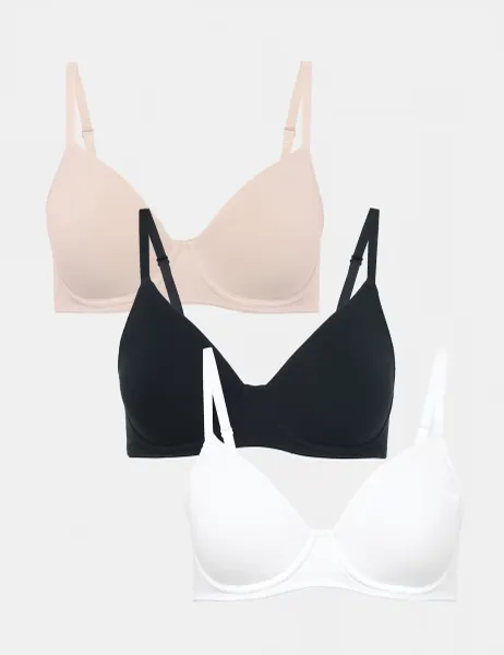 Marks & Spencer 3 Pack Cotton Rich Wired Full Cup Bras A-E Black Mix