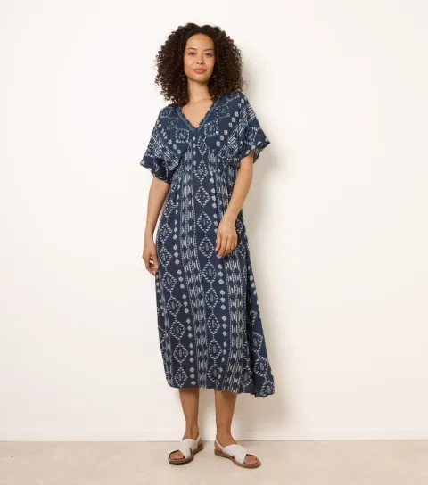 Women's Navy Embellished Shirred Waist Midi Dress