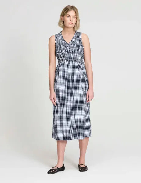 Finery London Pure Cotton Gingham Midi Shirred Dress Navy Mix
