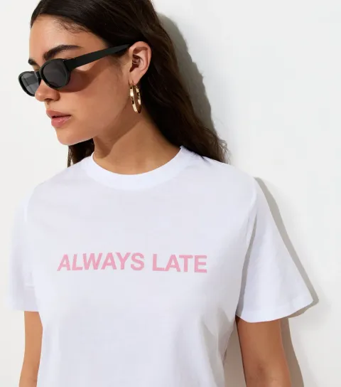 Women's White Cotton Always Late Relaxed T-Shirt