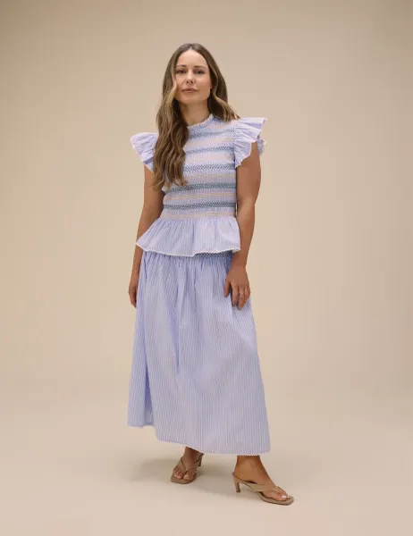 Nobody's Child X Louise Thompson Pure Cotton Striped Shirred Midi Skirt Blue