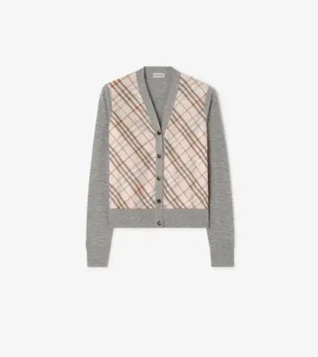 Check Panel Wool Silk Cardigan in Pebble beige