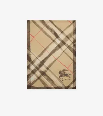 Wide Watercolour Check Silk Scarf in Sand beige