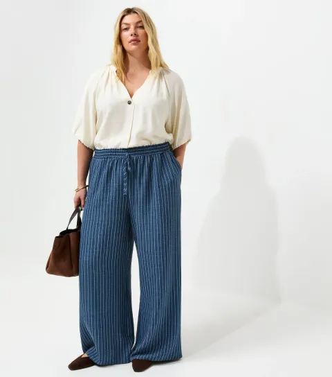Women's Plus Size Blue Woven Striped Wide Leg Trousers Curves