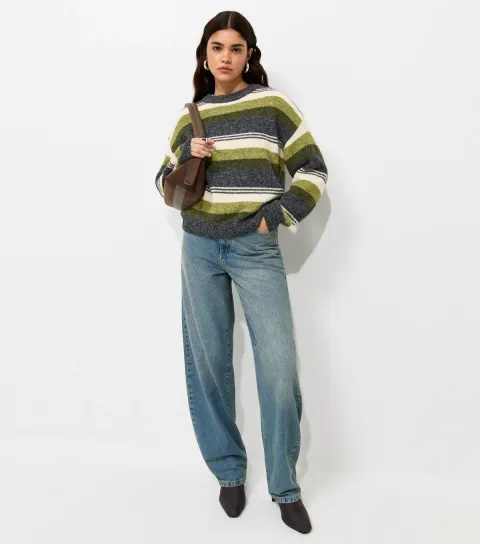 Women's Green Striped Crew Neck Jumper