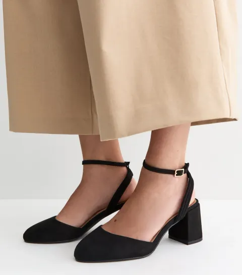 Women's Extra Wide Fit Black Faux Suede Block Heel Mary Janes