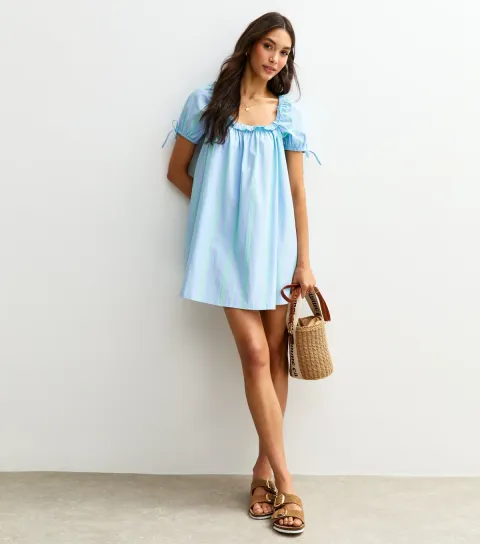 Women's Blue Stripe Print Frill Trim Square Neck Poplin Mini Dress