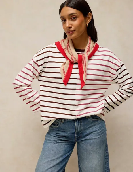 White Stuff Pure Cotton Striped Crew Neck T-Shirt White Mix