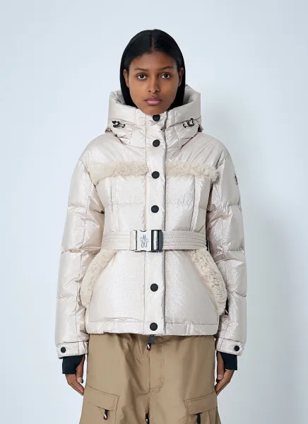 Belted Down Jacket With Faux Fur Trim