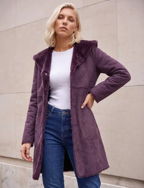 Roman Petite Faux Shearling Reversible Hooded Coat Burgundy Mix