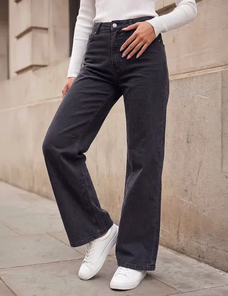 Roman Petite Mid Rise Stretch Wide Leg Jeans Black Mix