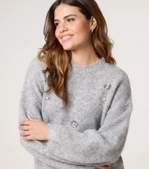 Women's Grey Flower Embellished Jumper