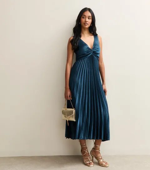 Women's Navy Satin Pleated Midi Dress