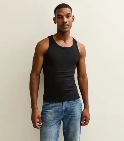 Men's Black Muscle Fit Ribbed Jersey Vest
