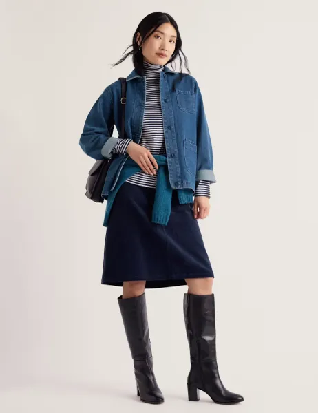 Pure Cotton Textured Knee Length A-Line Skirt Navy