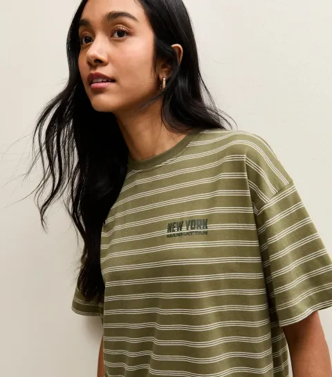 Women's Green Cotton Striped New York Oversized T-Shirt