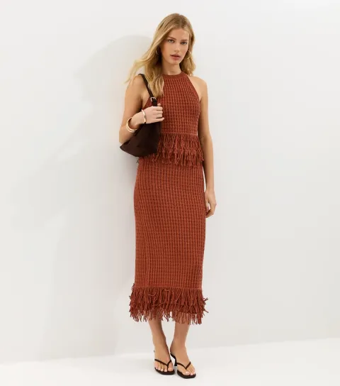 Women's Dark Red Fringe Hem Cotton Rich Midi Skirt