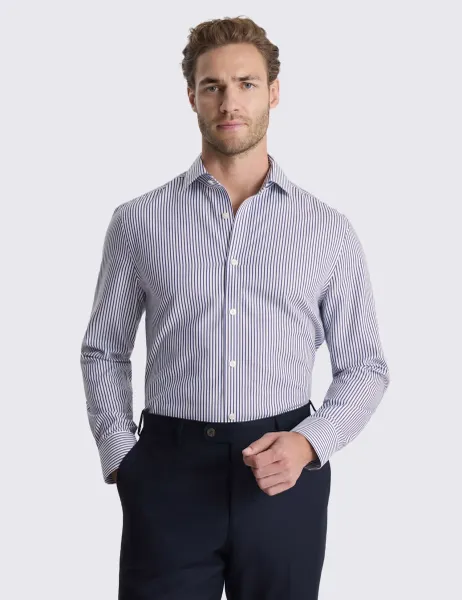 Moss Tailored Fit Non Iron Pure Cotton Striped Shirt Navy Mix