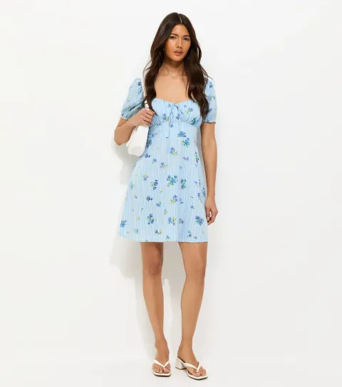 Women's Blue Crepe Striped Floral Print Milkmaid Mini Dress