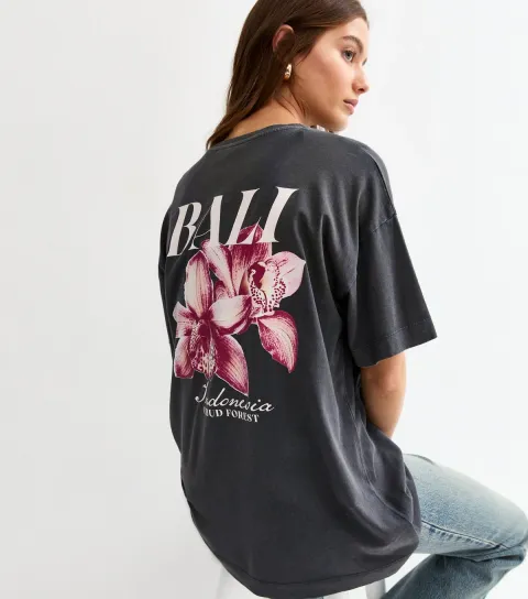 Women's Dark Grey Bali Acid Print Oversized T-Shirt