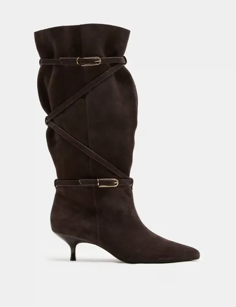 Marks & Spencer Suede Buckle Wrap Knee High Boots Brown