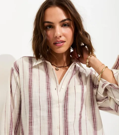 Women's Pink Cotton Striped Oversize Shirt