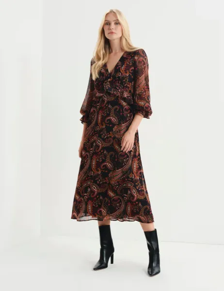 Finery London Chiffon Paisley Ruffle Midi Tea Dress Black Mix