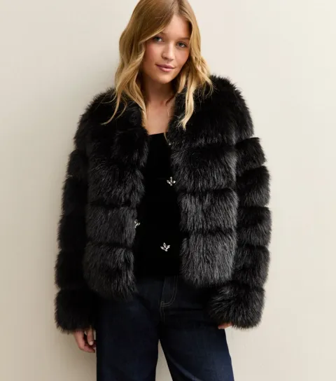 New Look Women's Black Panelled Faux Fur Jacket