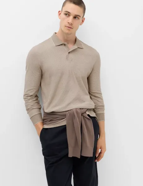 Marks & Spencer Cotton Rich Striped Long Sleeve Polo Shirt Beige