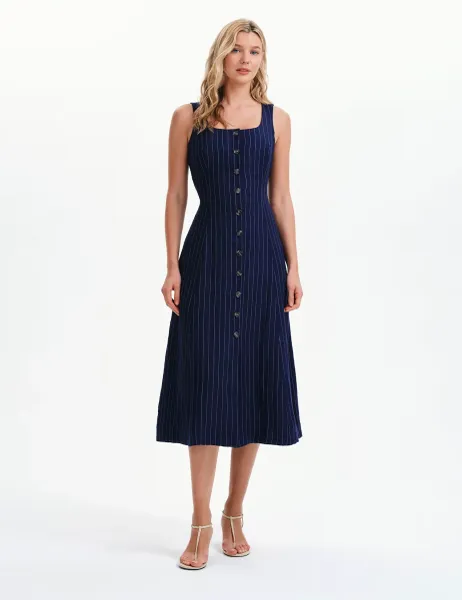 Finery London Striped Square Neck Midi Waisted Dress