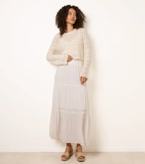 Women's White Crochet Lace Trim Maxi Skirt