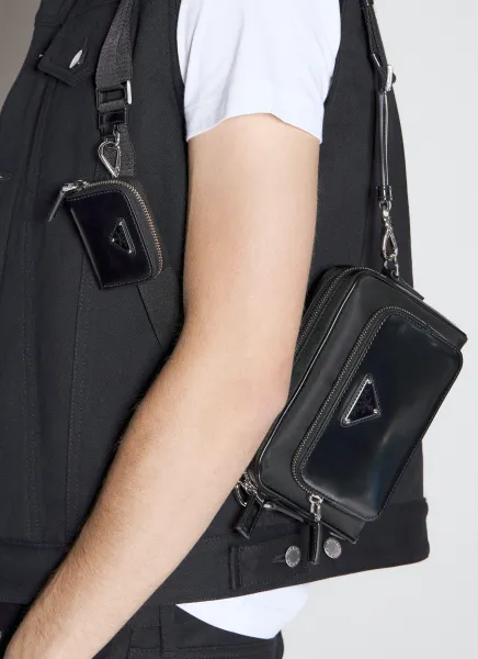 Re-Nylon And Brushed Leather Crossbody Bag