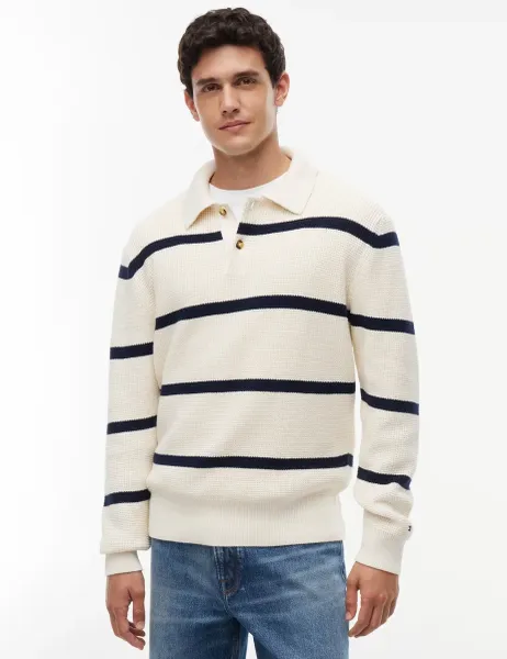 Tommy Hilfiger Pure Cotton Waffle Striped Rugby Shirt Dark Navy