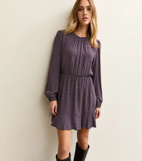 Women's Burgundy Spotty Flared Hem Mini Dress