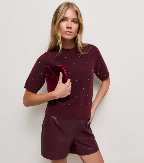 New Look Women's Dark Burgundy Diamante Studded Knitted T-Shirt