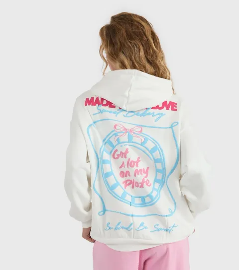 Women's White A Lot On My Plate Printed Hoodie