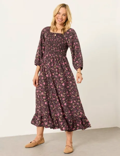 FatFace Floral Square Neck Midi Tea Dress Brown Mix