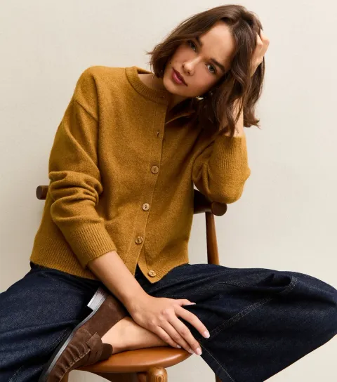 New Look Women's Dark Yellow Crew Neck Knit Cardigan