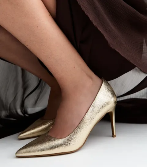 Women's Gold Faux Leather Stiletto Court Shoes Vegan