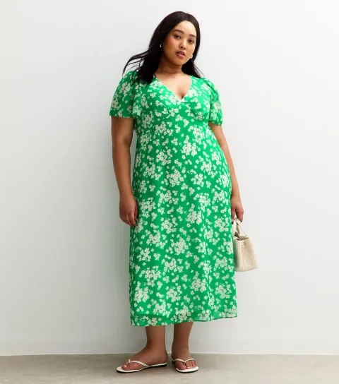 Women's Plus Size Green Floral Print Chiffon Midi Dress Curves